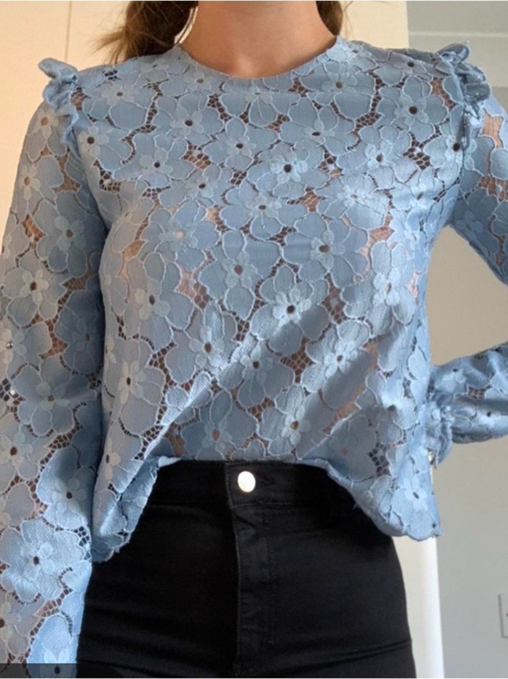 H&M Light Blue Floral Lace Long-Sleeve Blouse